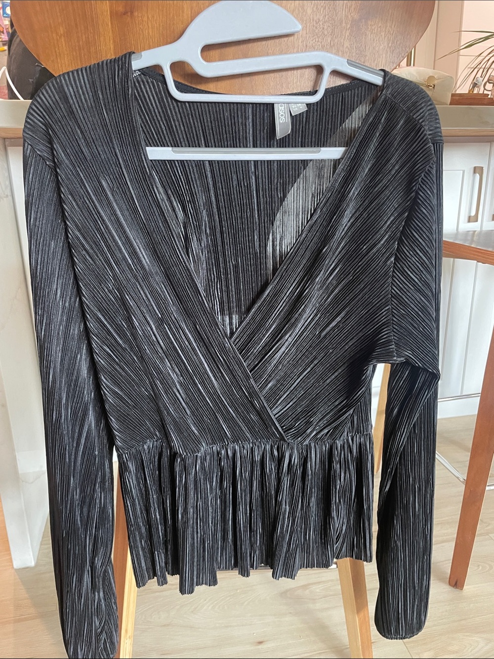ASOS Black Metallic Pleated Wrap-Front Blouse